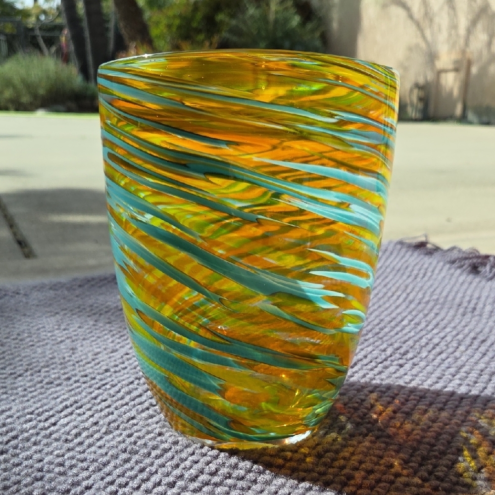 Tozai Home Vibrant Handcrafted Orange and Blue Glass Art Vase